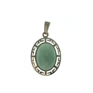 14K Yellow Gold Green Jade Cabachon Pendant Greek Key 3 grams